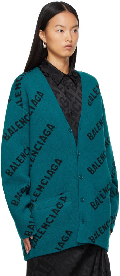 Balenciaga All Over Logo Cardigan in Teal - Size XS (Oversized)