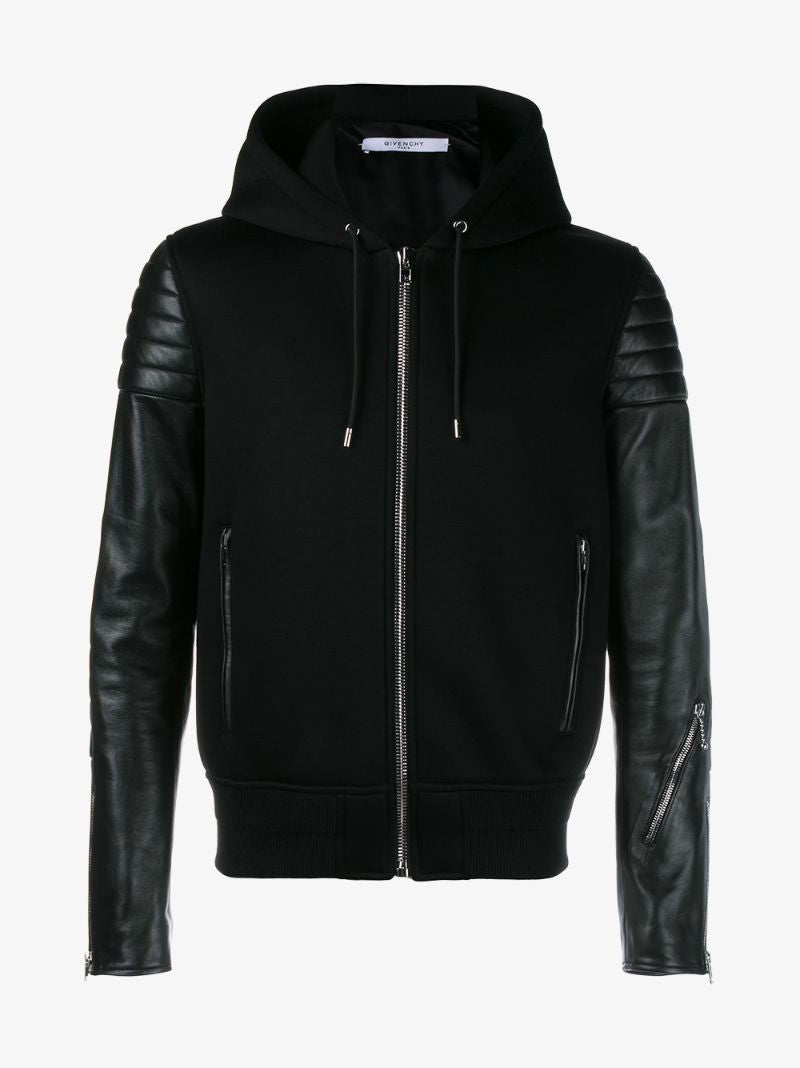 Givenchy Neoprene Leather Hooded Bomber Jacket In Black - Size 38 (Fits like a Small)