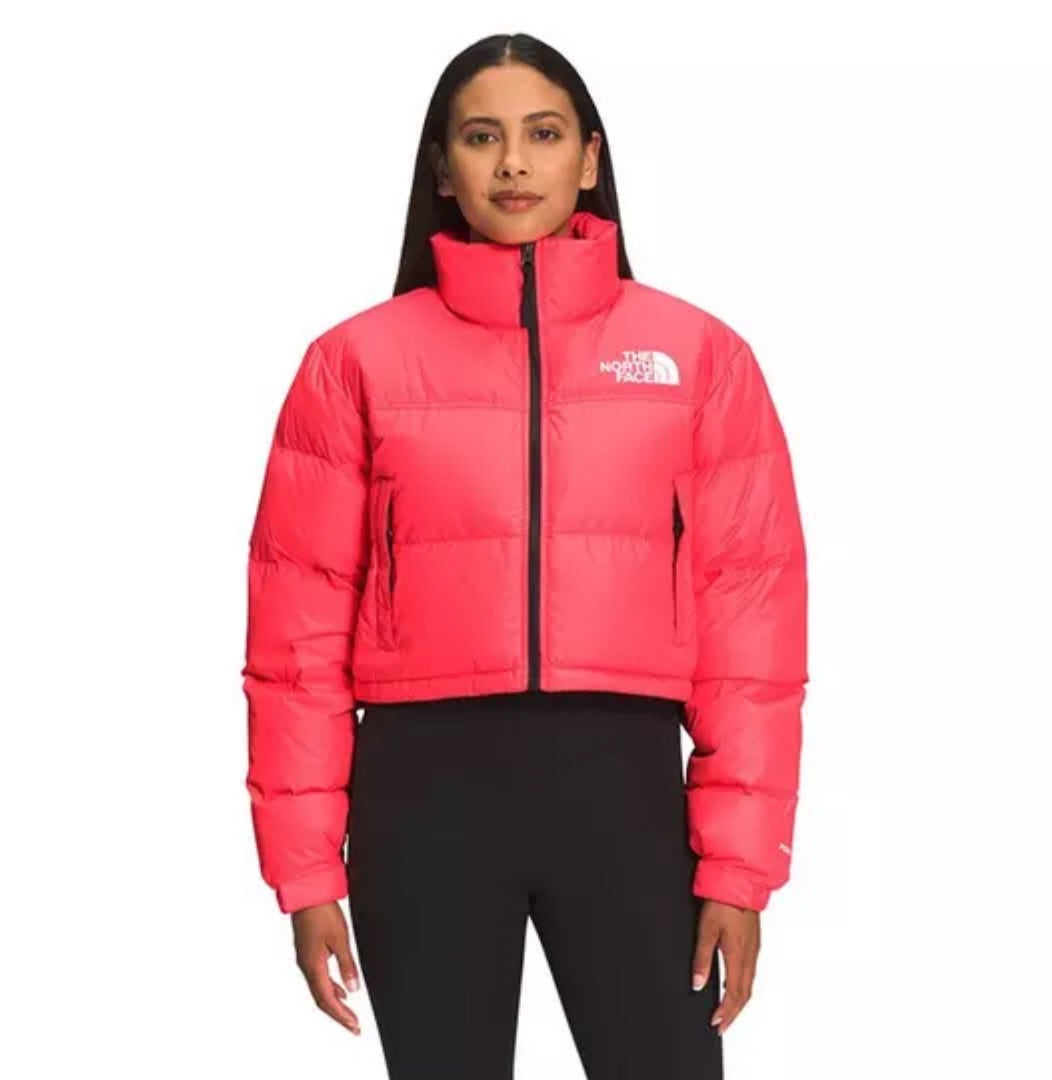 North Face Women's Nuptse Short Jacket in Brilliant Coral - Size M