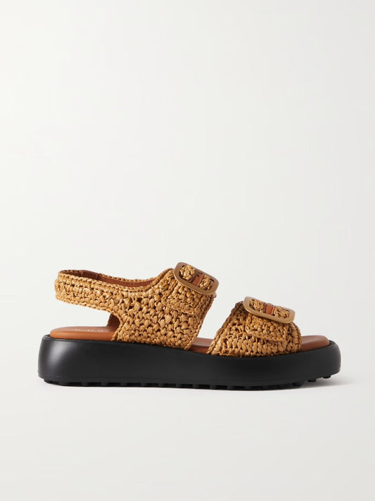 Tod's Buckled Leather-Trimmed Raffia Sandals BNIB - Size 38