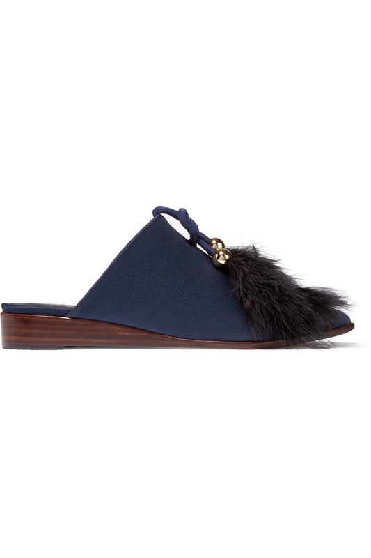 Tibi Navy Satin Feather-Trim Mules - Size 37.5