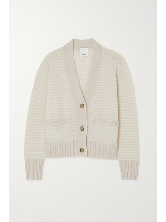 Allude Striped Wool And Cashmere-blend Cardigan In Off-white - Size Small