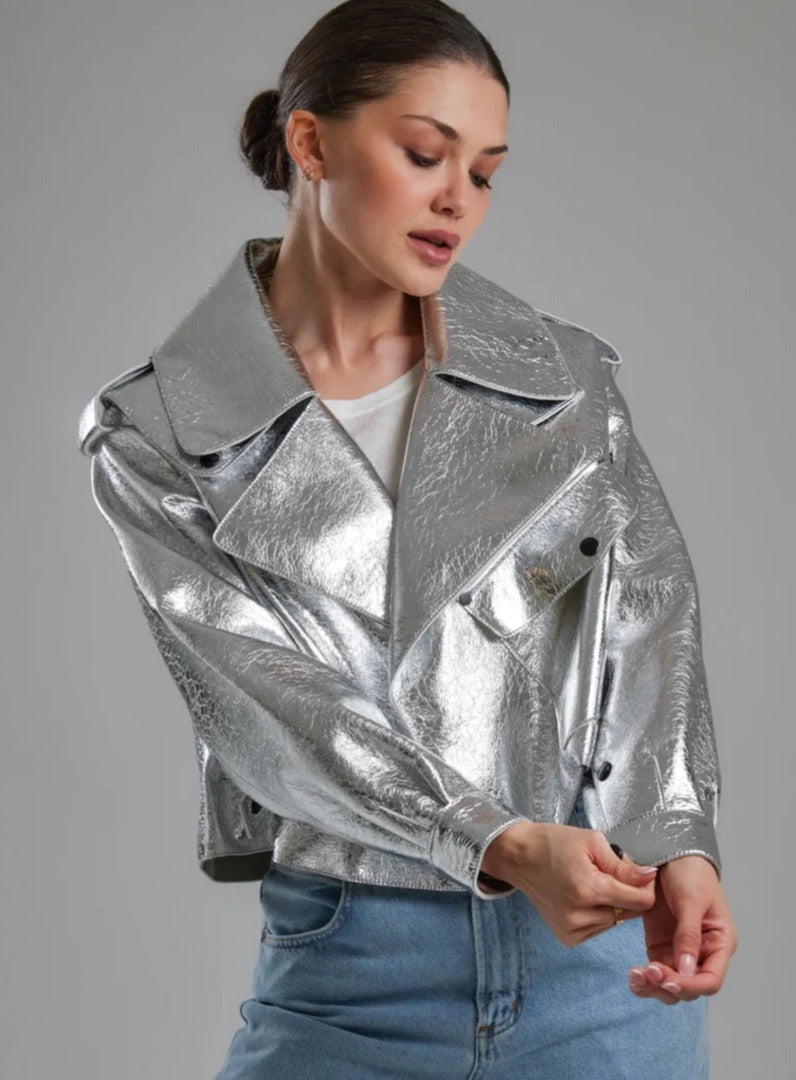 Jane & Tash Oversized Leather Jacket In Silver - Size M/L