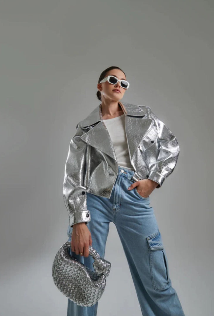 Jane & Tash Oversized Leather Jacket In Silver - Size M/L