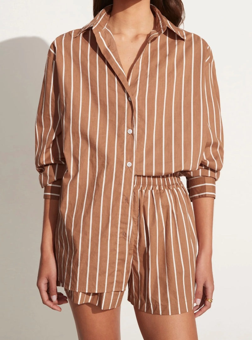 Faithfull The Brand Stripe Shirt & Shorts Set in Hazelnut - Size XS Shirt (Oversized), Size M Shorts