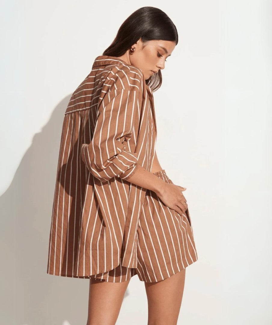 Faithfull The Brand Stripe Shirt & Shorts Set in Hazelnut - Size XS Shirt (Oversized), Size M Shorts