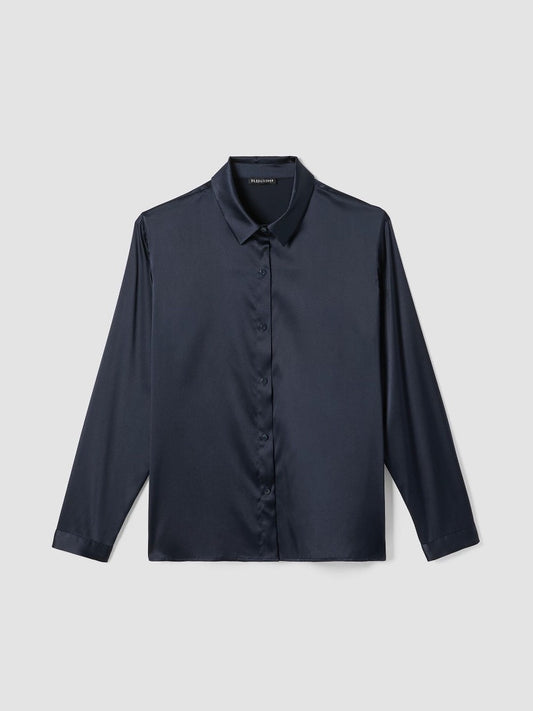 Eileen Fisher Stretch Silk Charmeuse Classic Collar Shirt in Navy - Size XL