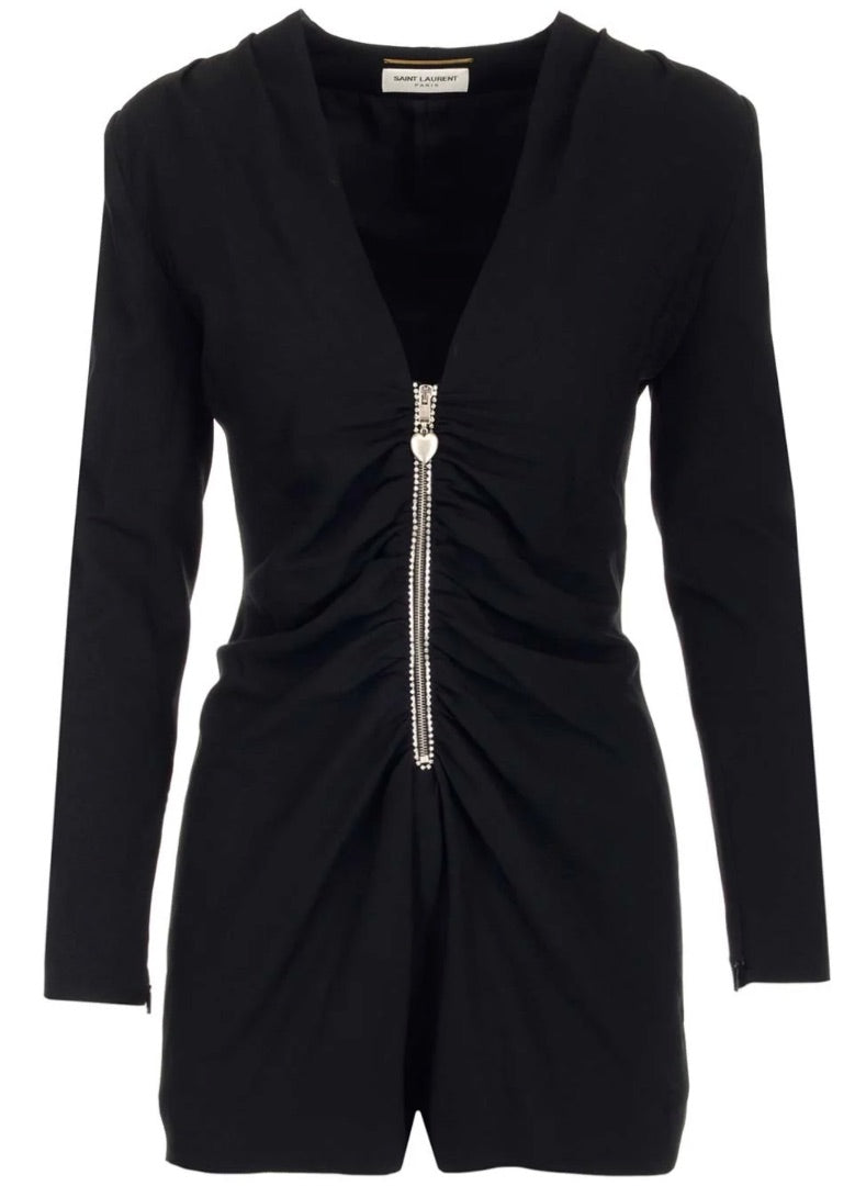 Saint Laurent Black Embellished Zipper Romper - Size F38