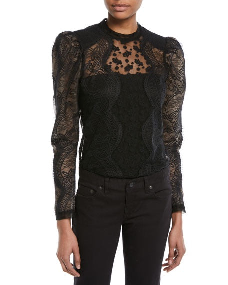 Self-Portrait Scalloped Floral Lace Puff-Sleeve Top Size 2