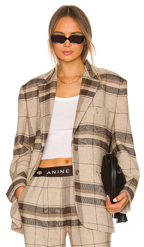 Anine Bing Quinn Blazer Khaki Plaid BNWT S