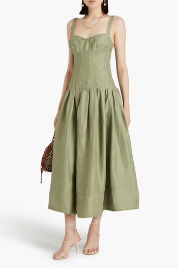 Nicholas Makenna Drop Waist Corset Midi Dress In Sage